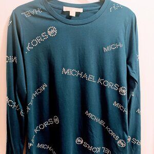 Small Michael Kors Rhinestone Logo Crew Neck Teal Shirt Excellent Condition